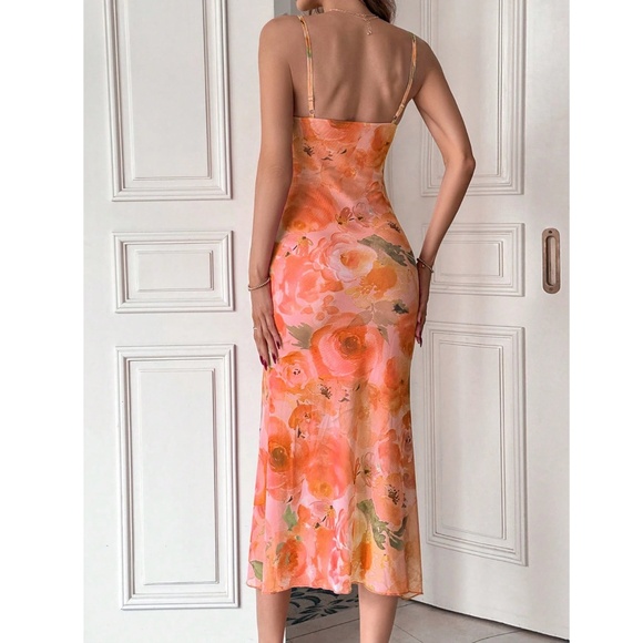 Orange Floral Rose Mesh Midi Dress Cami, Spaghetti Straps Lined, Stretchy - Picture 6 of 8